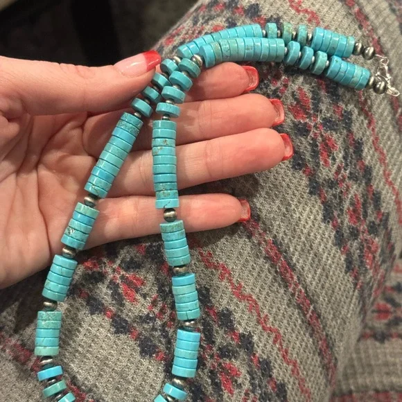 Native American Sterling Silver Navajo Pearl 8mm Turquoise HEISHI Necklace 19” - Picture 3 of 9